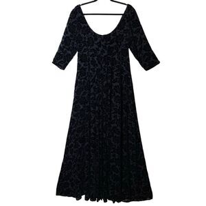 Black Velvet Burnout 3/4 Sleeve Empire Waist Maxi Dress Sz S Goth, Whimsygoth
